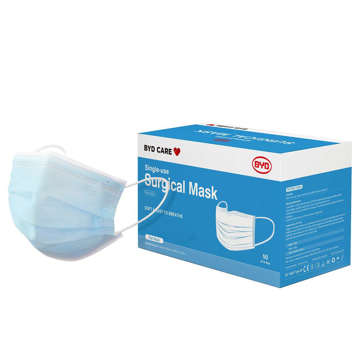 BYD Care Surgical Mask, 50 Pcs Blue Disposable Masks