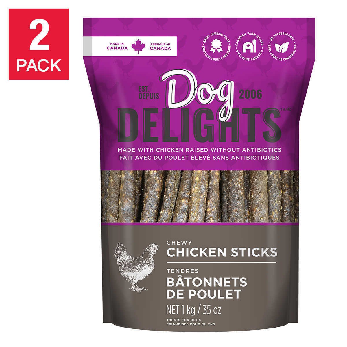 Dog Delights Chewy Chicken Sticks, 2-pack each 35oz 