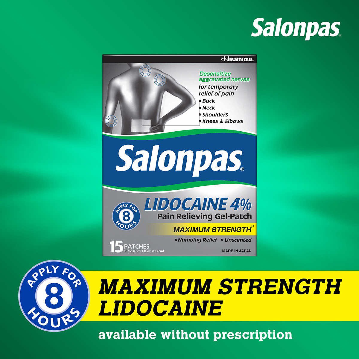 Salonpas LIDOCAINE 4 Pain Relieving GelPatch, 15 Patches