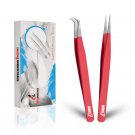Set Of 2 Eyelash Tweezers Straight & Curved | Stainless Steel Red Color Lash Tweezers | TI/230-C