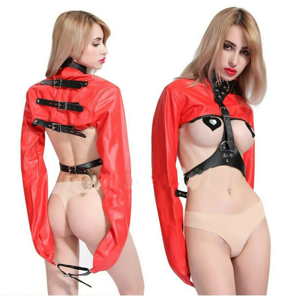 Women Real goods Leather Body Harness Cupless Straight Jacket Adult Costume