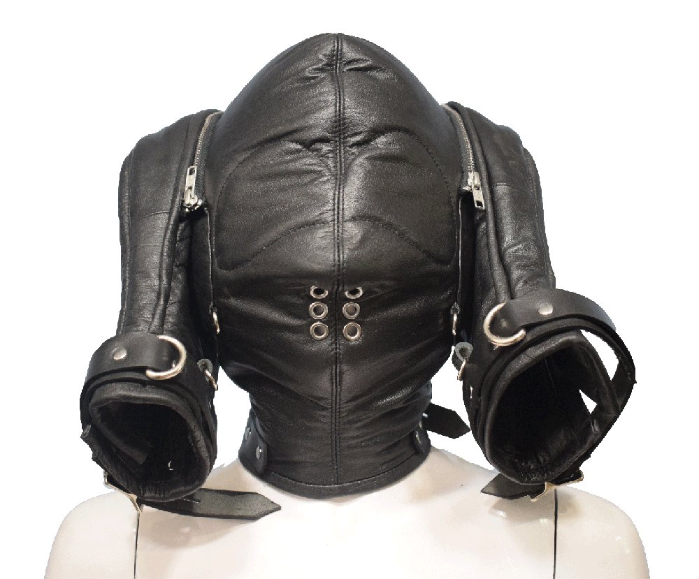 Real leather padded mask with lockable gloves Scream hood gimp slave theme park