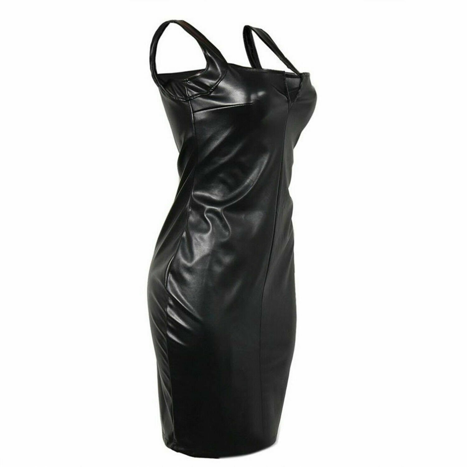 women real leather Black Bodycon Dress Leather Sleeveless Party Dress