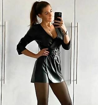 Real Leather half sleeve coat dress women mini dress Bodycon Black Bodycon