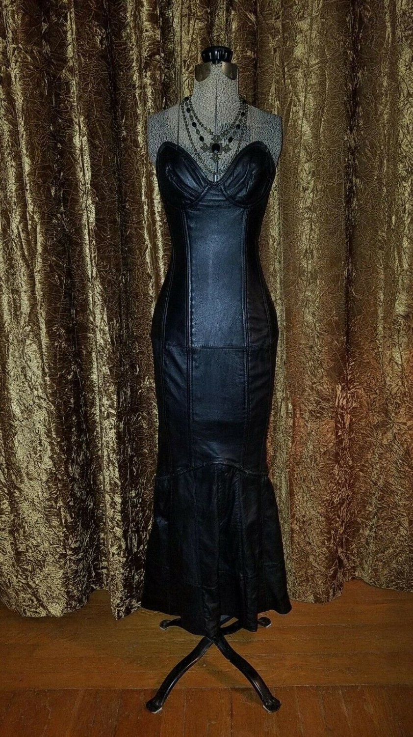 INCREDIBLE Floor Length Black Leather Corset Hobble Dress, Gothic Fetish Pin-Up