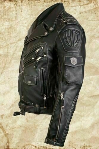 MEN'S GENUINE COWHIDE PREMIUM LEATHER MOTORCYCLE BIKER TOP LEATHER JACKET BLACK