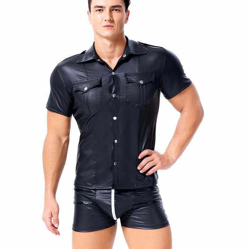 MEN'S Real Leather Police Military Style Shirt GAY BLUF Schwarz Gay Cuir