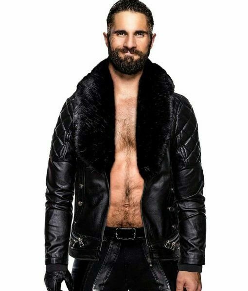 WWE Seth Rollins Ring Colby Daniel Lopez Wrestler Wide Fur Collar Black Real Lea