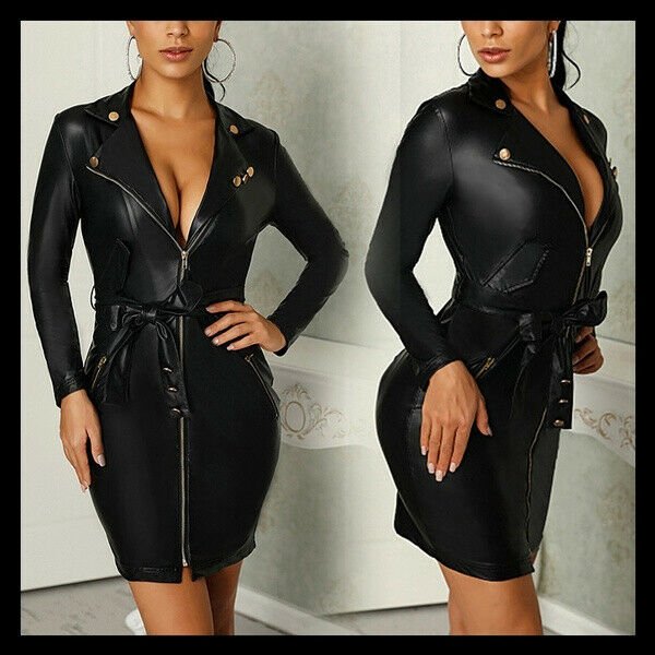 Women V-neck Bodycon Black Leather Dress Long Sleeve Package Hip Zipper Skirt MJ