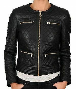Women&acirc;��s Black Collarless Biker Leather Jacket wj-02