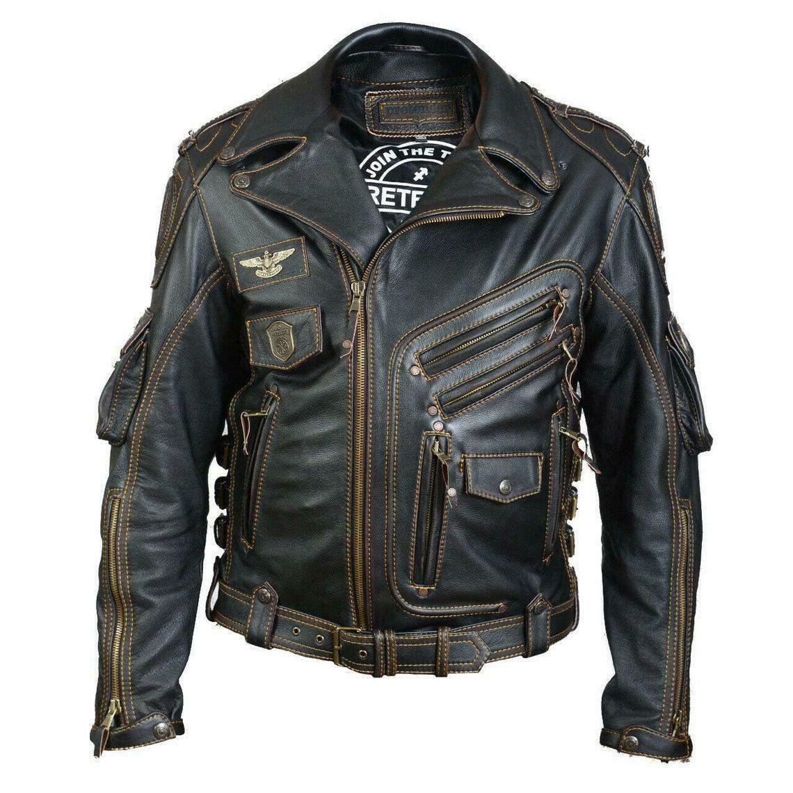 Men's Real Cowhideh Premium Leather Motorcycle Biker Leather Jacket New HD Black