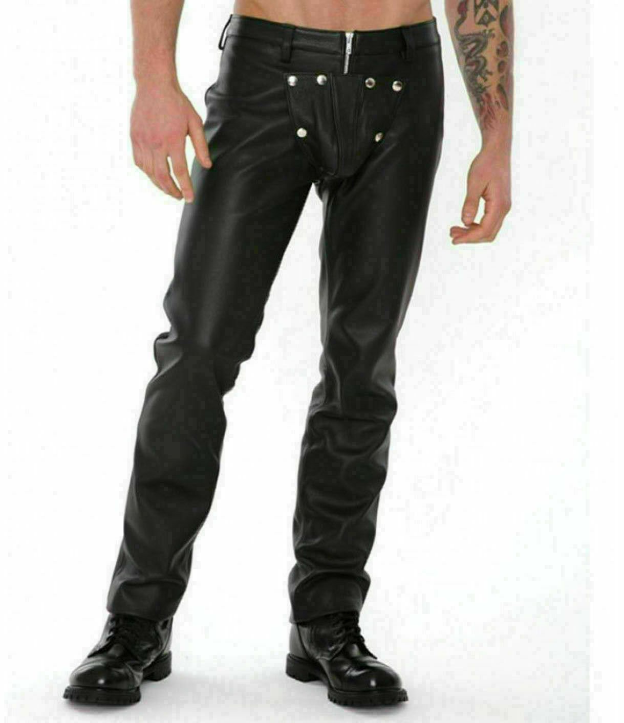 Mens Real Leather Pants With Detachable Front Crotch Gay Pants