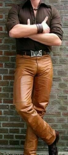 Men's Real Leather Bikers Pants 5 Pockets Levi's Jeans Brown BLUF Gay pants 34in
