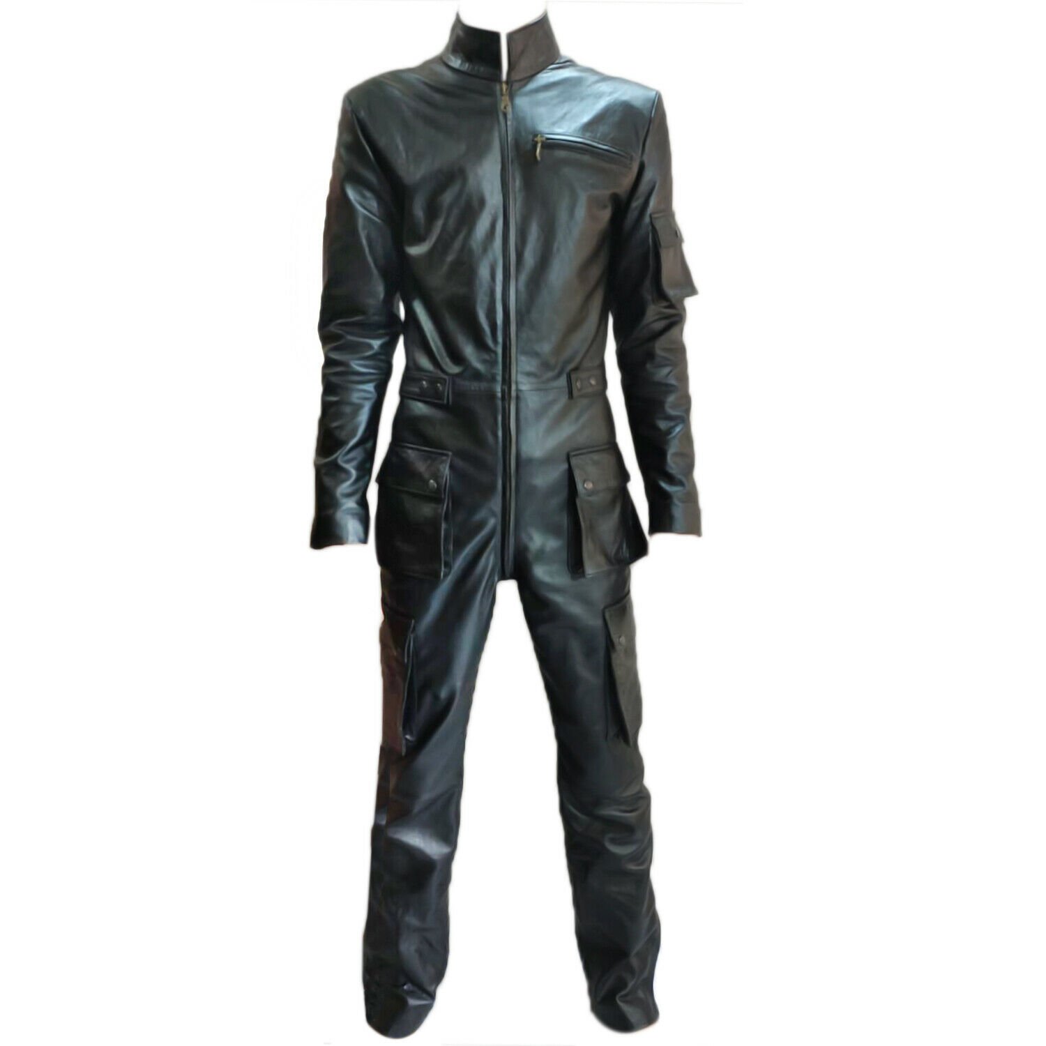 MEN GENUINE LEATHER CATSUIT BLACK BODYSUIT WORKWEAR ROMPER MENS OVERALL JUMPSUIT