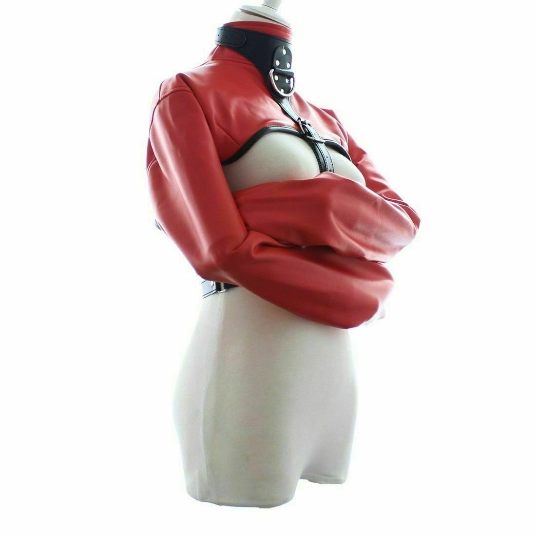 Red Leather Straight jacket open chest party costume Restraint Armbinder Jacket