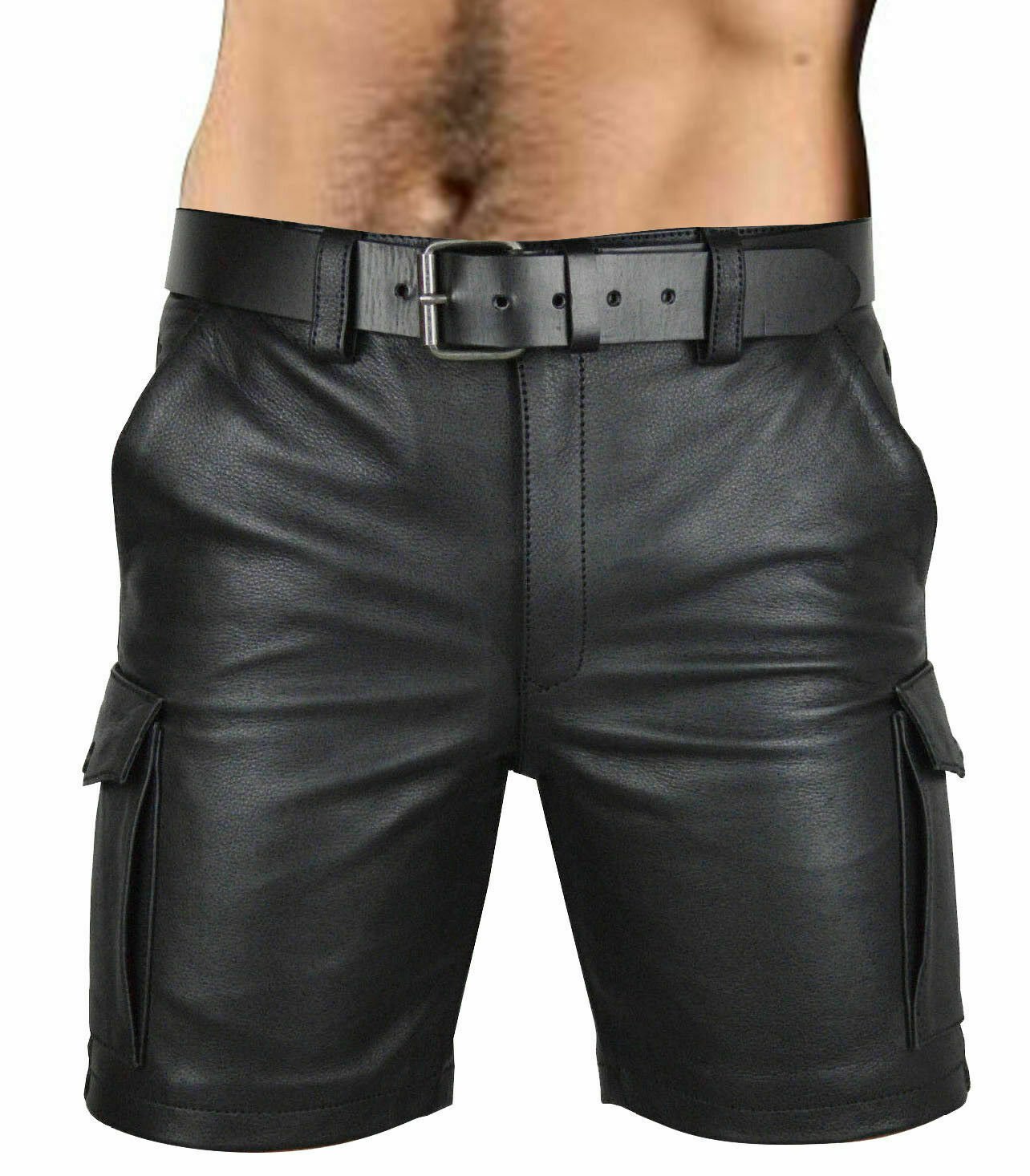 Mens Leather Shorts Travel shorts lambskin Black leather cargo shorts 34in 36in
