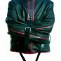 Men Black Leather Straight Jacket Red Piping Dress Asylum restraint bodysuit