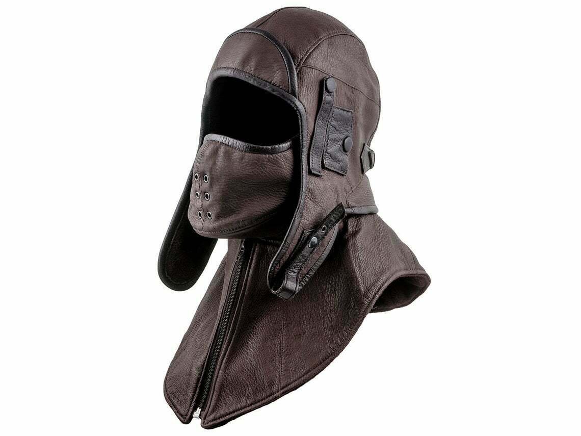 Leather Aviator Hat Pilot cap Men Biker Hood Collar mask Motorcycle Dark helmet