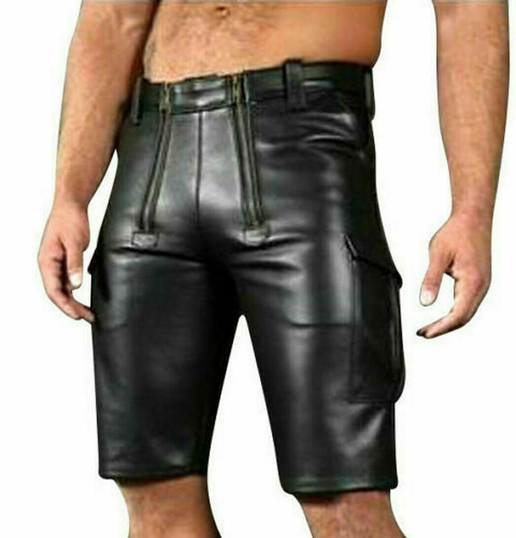 MENS Shorts LEATHER BLACK CARGO SHORTS Utility Shorts Casual Biker shorts shorts