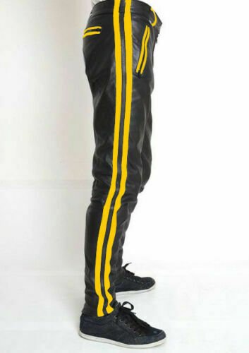 Mens Leather Pants Cropped Biker pant Yellow Stripe Leather pant Clubwear chino