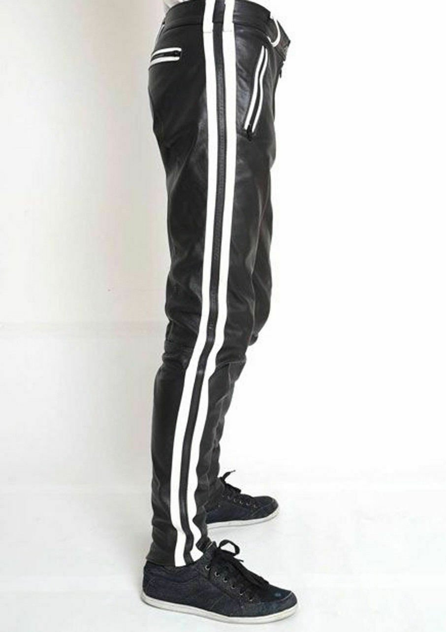 Mens Leather Pants Cropped Biker pants White Stripe Leather pants Clubwear chino