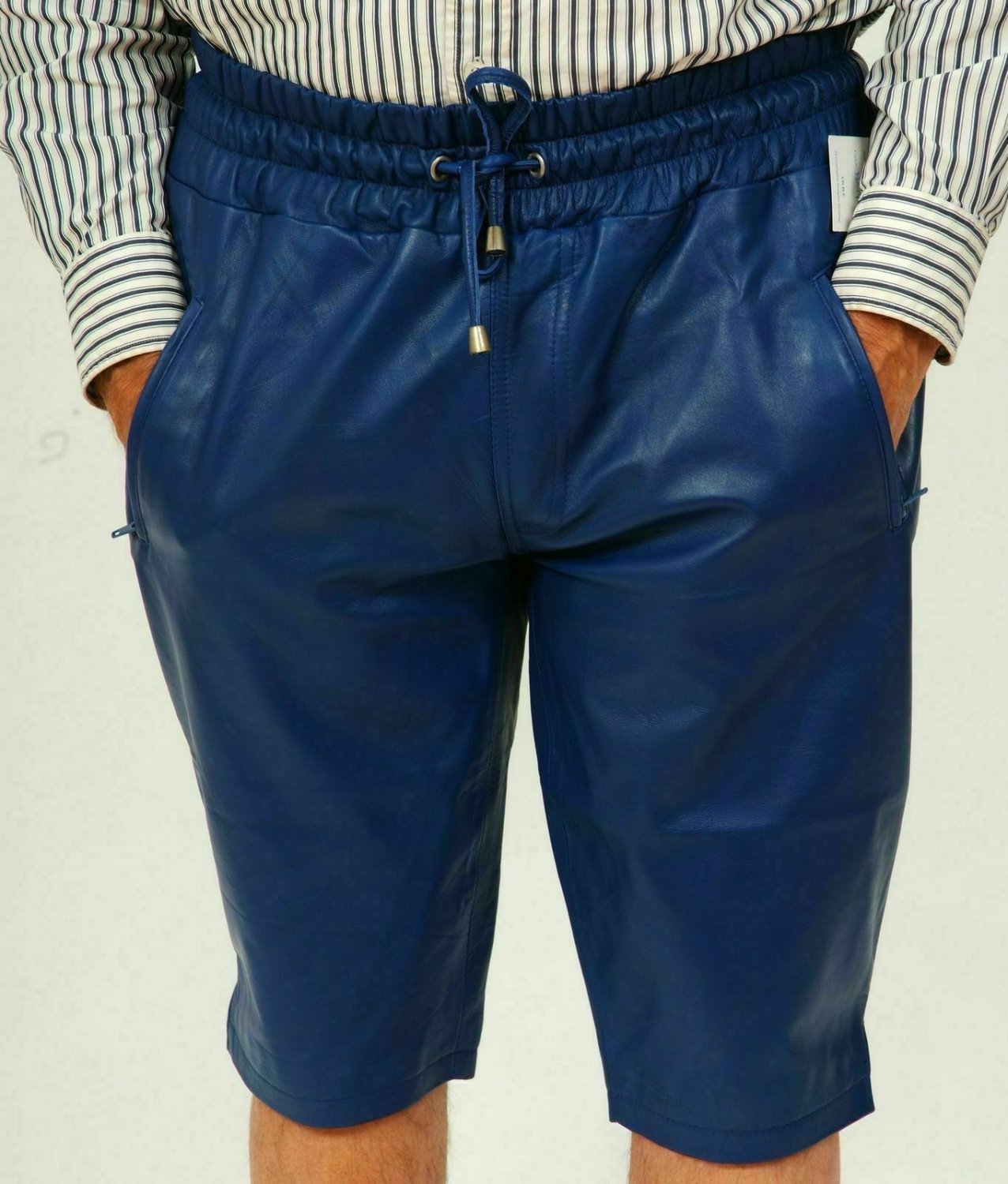 Mens Leather Shorts Leather Travel shorts Blue lambskin leather casual short 34n