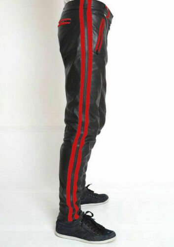 Mens Leather Pant Biker straight pants Red Color Stripe pant Clubwear fit chino