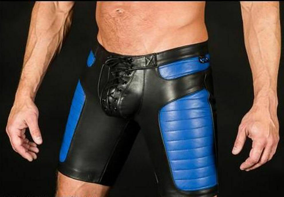 Mens Leather Shorts Leather Travel shorts Blue quilted Chaps casual short 34in