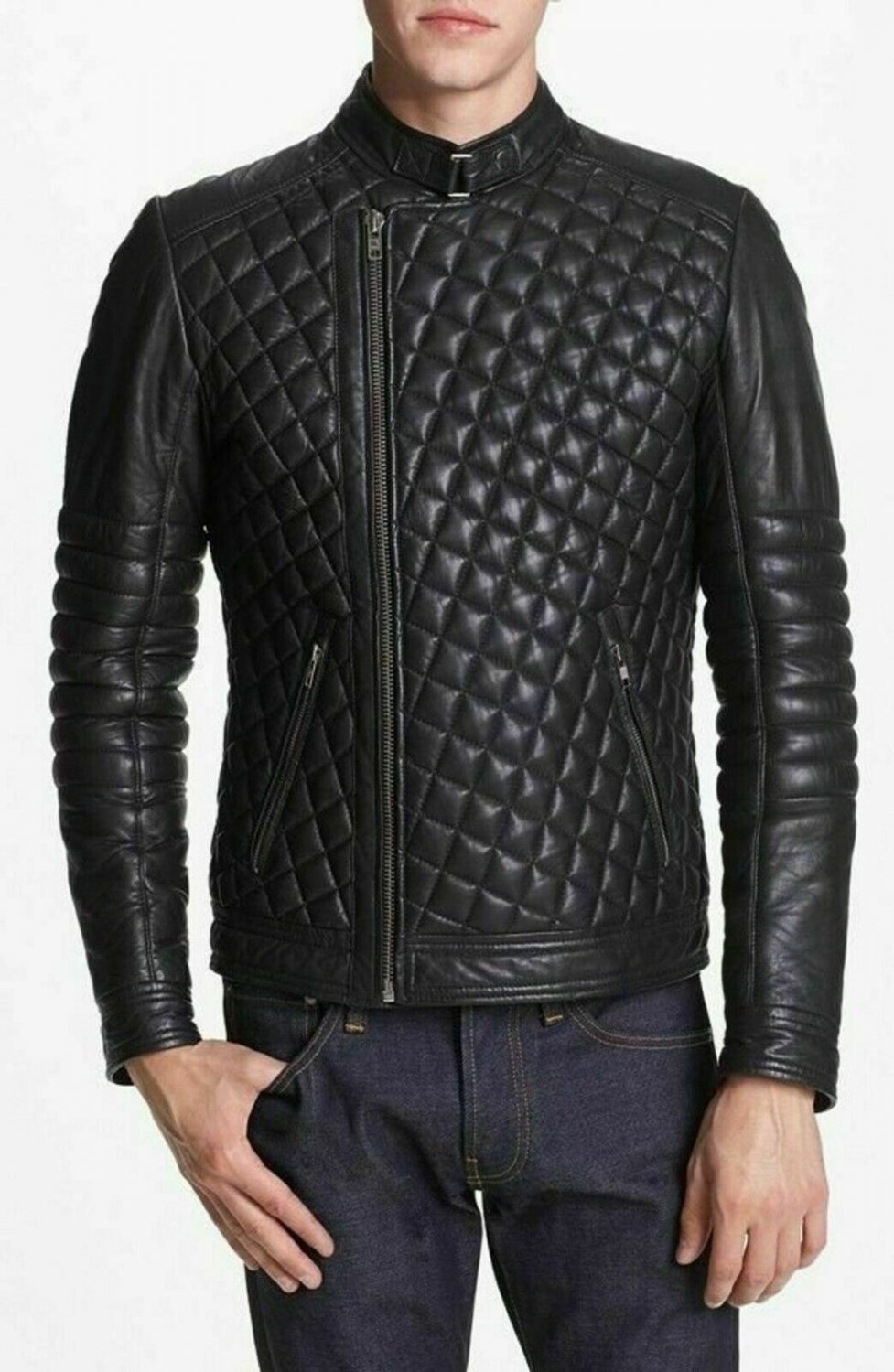 Mens Quilted Leather jacket leather jacket Black Bikers jacket Cafe racer Jacket