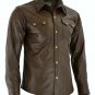 2XL 3XL Leather shirt Brown Bikers Police uniform Slim Fit Men Full sleeve shirt