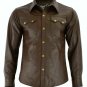 2XL 3XL Leather shirt Brown Bikers Police uniform Slim Fit Men Full sleeve shirt