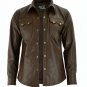 2XL 3XL Leather shirt Brown Bikers Police uniform Slim Fit Men Full sleeve shirt