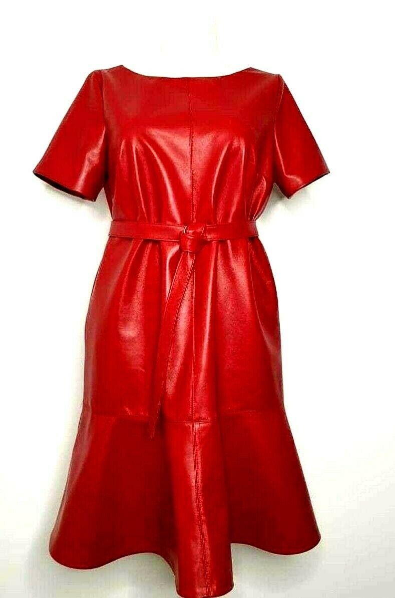 Women's Handmade Leather skirt lambskin Red Leather dress Women Casual Outfit
