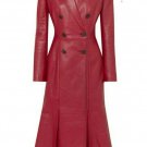 Leather long coats for women Red outfit casual Trench coat Double Breasted coat
