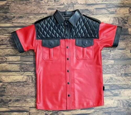 Mens Leather Police Uniform Red Quilted Leather Shirt Red/Black BLUF Costume gay