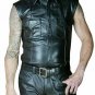 Real Leather Mens Police Shirt Sleeveless Jacket Leather vest BLUF Uniform Shirt