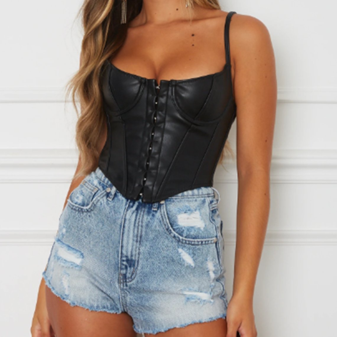 Women Tank Top Leather bralette Spaghetti strap Crop top gothic black bustier XL
