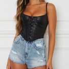 Women Tank Top Leather bralette Spaghetti strap Crop top gothic black bustier XL