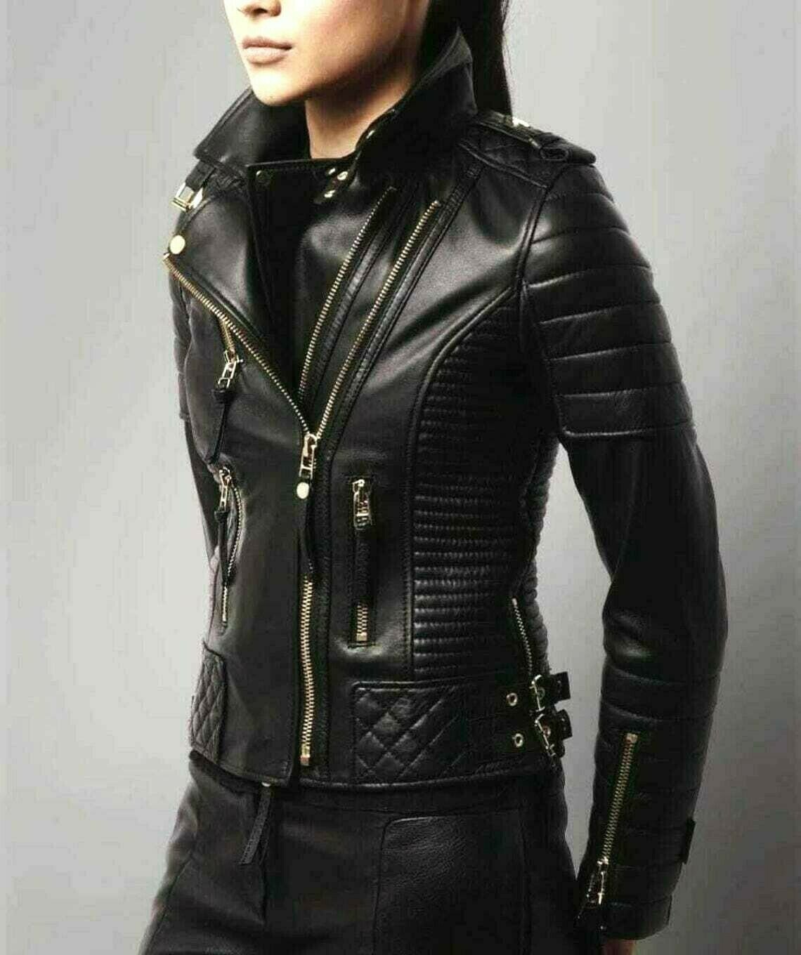 Women Leather Jacket Black CafeRacer MOTO Jacket Quilted Leather Biker Jacket