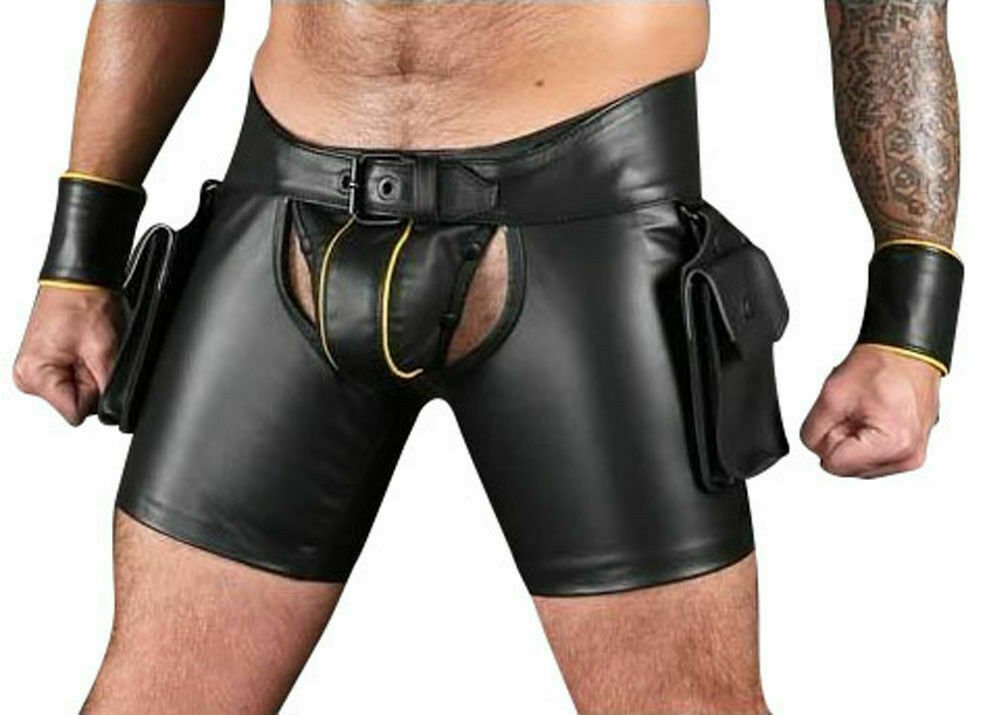 Men Real Leather chaps Cargo shorts kinky Arm band Biker chaps shorts