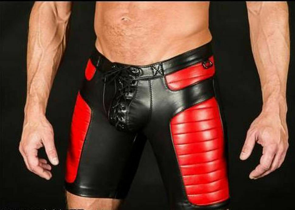 Mens Leather Shorts Leather Travel shorts red quilted Chaps casual short 34in 32