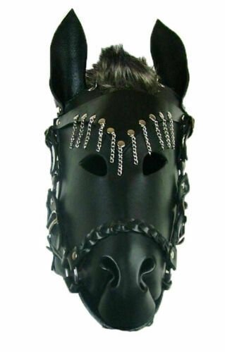Leather Horse Mask Black Leder RolePlay Cosplay Horseplay Mask Hood Leather Rein