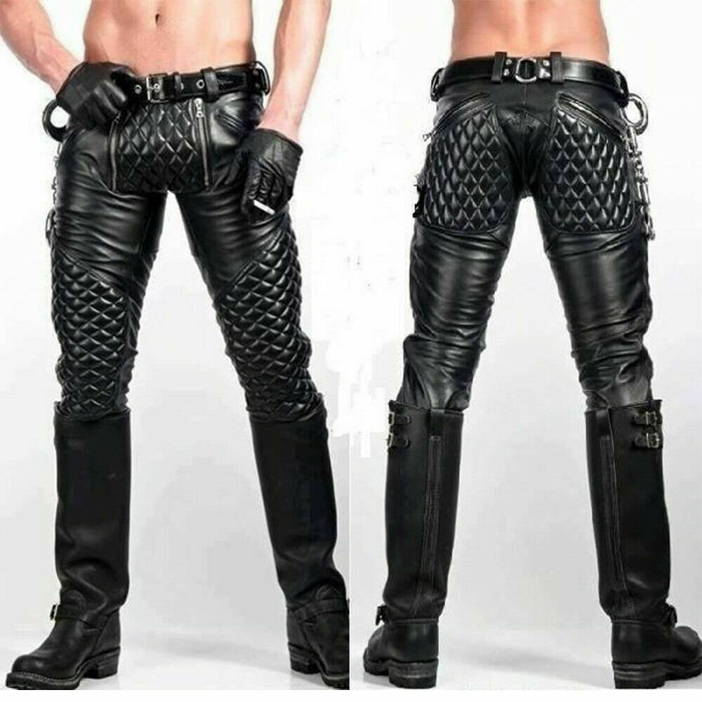 Leather Sweatpants Men's Quilted Jogger pants Athletic fit Biker Pant Caferacer