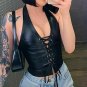 Women leather Crop top tank top Black V-neck Lace up Black Leather Bustier Bra