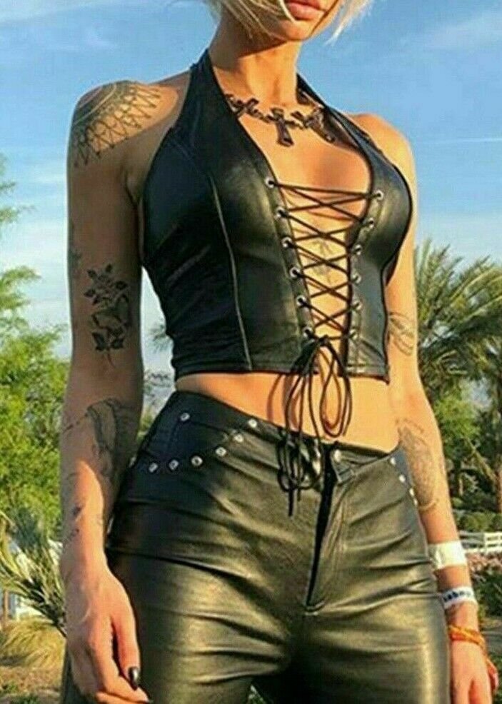 Women Leather Bustier Crop top leather Top tank top Black Bra V-neck Lace up bra