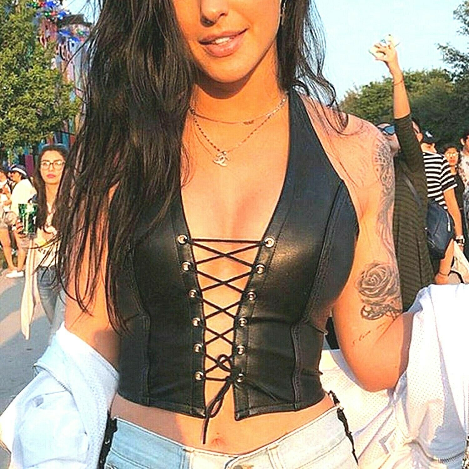 Women Crop top Leather Bustier tank top Black leather Bra Top V-neck Lace up bra