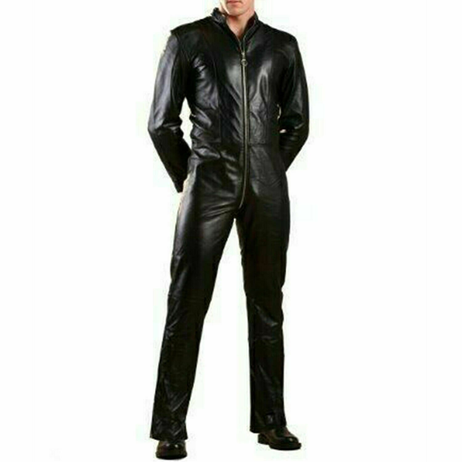 Mens Real leather bodysuit black overall dominant catsuit Men black romper Small