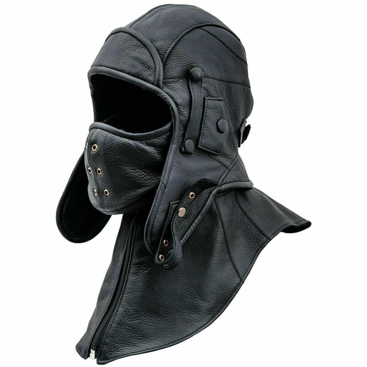 Mens Black Leather Cap Aviator Hat Handmade leather mask & Collar Biker Helmet