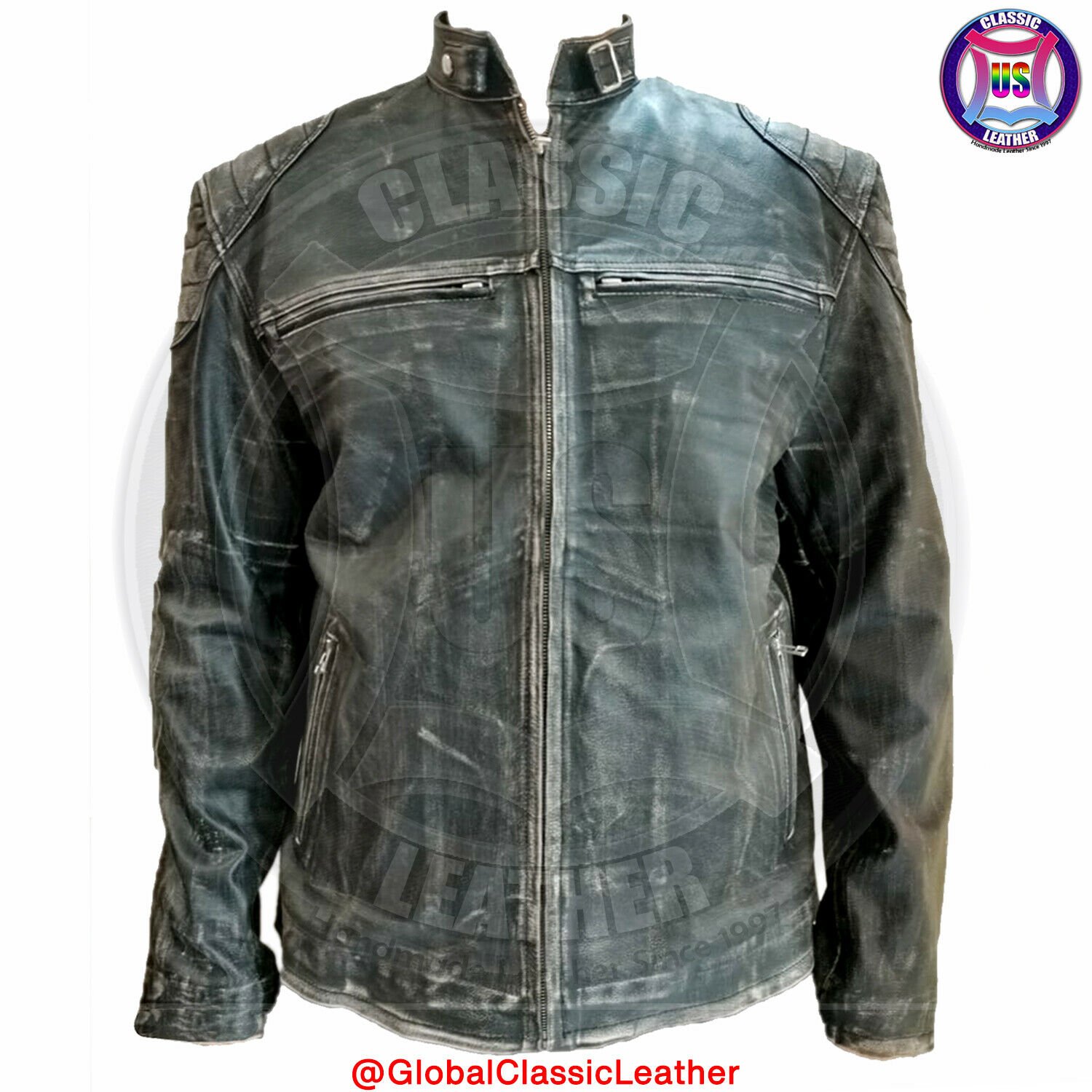 Mens Vintage Handmade Leather Jacket CafeRacer Black Jacket SlimFit Biker Jacket