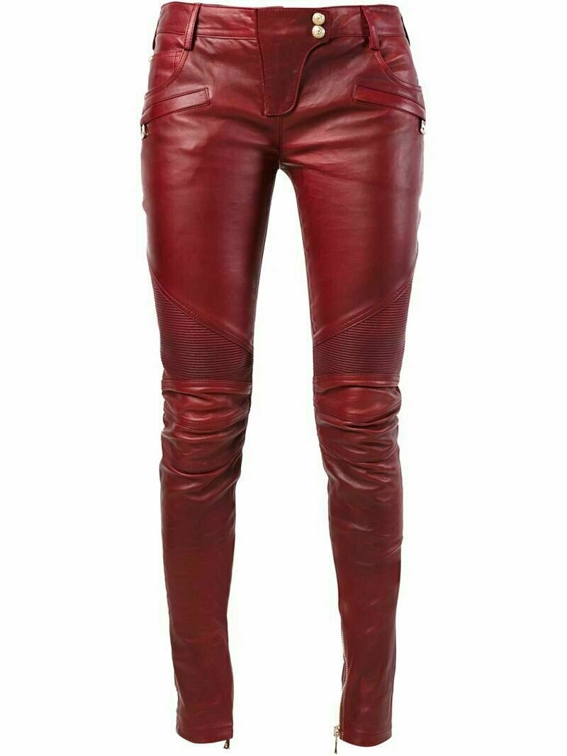 Women Red Leather Pant quilted Lambskin Biker Trousers Leggings Skinny Pants S,M